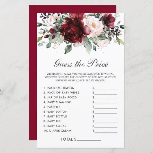 バーガンディフローラ価格推測赤ちゃんシャワーゲーム (正面/裏面)