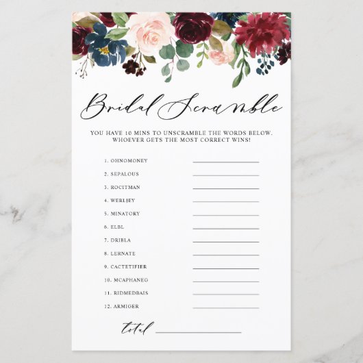 バーガンディフローラ単語スクランブルブライダルシャワーゲーム (正面)