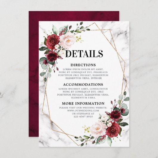 バーガンディフローラ大理石結婚幾何学的詳細 エンクロージャーカード (正面/裏面)