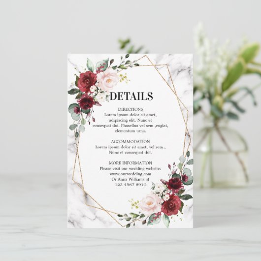 バーガンディフローラ大理石結婚幾何詳細 エンクロージャーカード (スタンド正面)