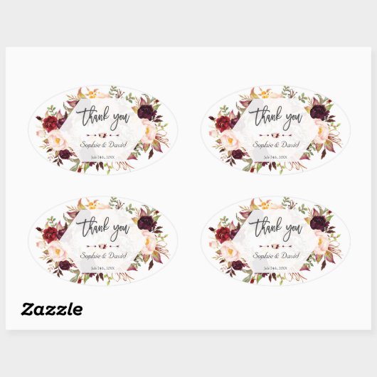 バーガンディフローラ幾何学手書結婚き入力 楕円形シール (シート)