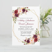 バーガンディフローラ幾何学的金ゴールド結婚フレームのW 招待状 (スタンド正面)