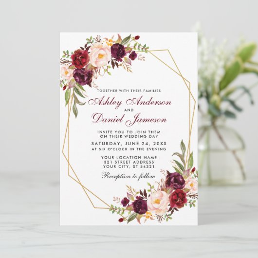 バーガンディフローラ幾何学的金ゴールド結婚フレームのW 招待状 (スタンド正面)