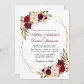 バーガンディフローラ幾何学的金ゴールド結婚フレームのW 招待状 (正面/裏面)