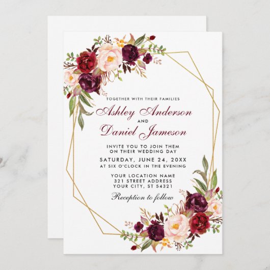 バーガンディフローラ幾何学的金ゴールド結婚フレームのW 招待状 (正面/裏面)
