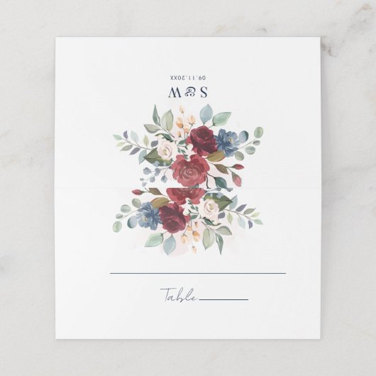 バーガンディフローラ水彩結婚式レセプション プレイスカード (外部開封)