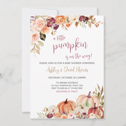 バーガンディフローラ秋カボチャ赤ちゃんシャワー 招待状 (正面)