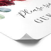 バーガンディフローラ結婚グリーンリーズゲストブックサイン ポスター (角)