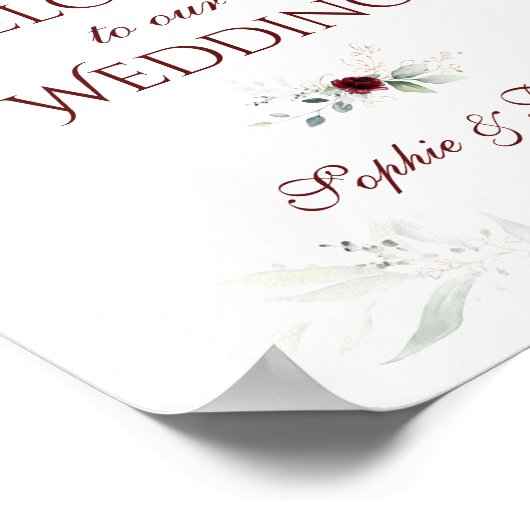 バーガンディフローラ結婚グリーン歓迎のサイン ポスター (角)