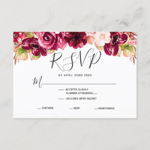 バーガンディフローラ結婚ドロップの食事の選択RSVP 出欠カード