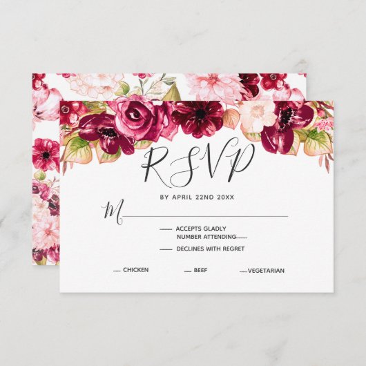 バーガンディフローラ結婚ドロップの食事の選択RSVP 出欠カード (正面/裏面)