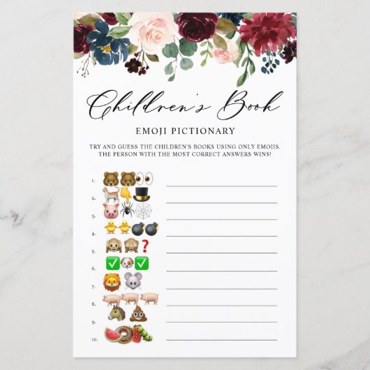 バーガンディフローラ絵文字の赤ちゃんシャワーゲーム (正面)