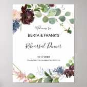 バーガンディフローラ緑のリハーサルディナーウェルカム ポスター (正面)