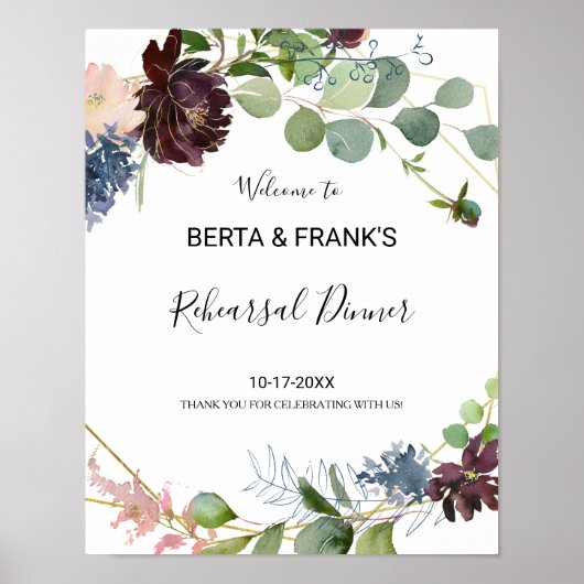 バーガンディフローラ緑のリハーサルディナーウェルカム ポスター (正面)