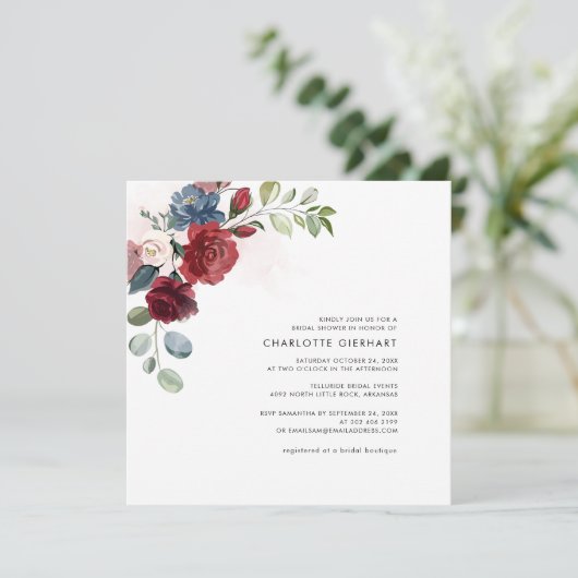 バーガンディフローラ緑の葉のブライダルシャワー 招待状 (スタンド正面)