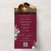 バーガンディフローラ緑QRコード結婚の写真 オールインワン招待状 (内側)