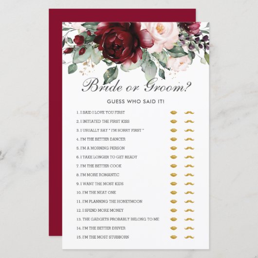 バーガンディフローラ花嫁または花婿はそれを言った誰が推測 (正面/裏面)