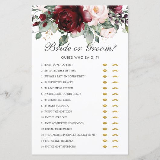 バーガンディフローラ花嫁または花婿はそれを言った誰が推測 (正面)