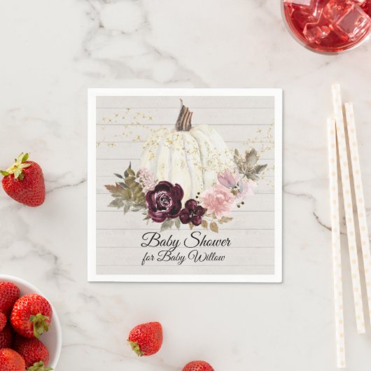 バーガンディフローラ金ゴールドカボチャ赤ちゃんシャワーウッド スタンダードカクテルナプキン (インサイチュ)