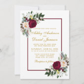 バーガンディフローラ金ゴールドグリーン結婚リー枠 招待状 (正面)