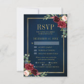 バーガンディフローラ金ゴールドフレーム海軍ウェディングRSVPカード 招待状 (正面)