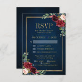 バーガンディフローラ金ゴールドフレーム海軍ウェディングRSVPカード 招待状 (正面/裏面)