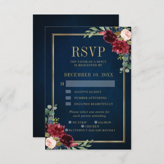 バーガンディフローラ金ゴールドフレーム海軍ウェディングRSVPカード 招待状 (正面/裏面)
