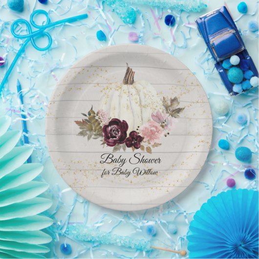 バーガンディフローラ金ゴールドホワイトカボチャ赤ちゃんシャワー ペーパープレート (パーティー)