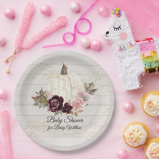 バーガンディフローラ金ゴールドホワイトカボチャ赤ちゃんシャワー ペーパープレート (パーティー)