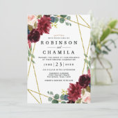 バーガンディフローラ金ゴールド幾何学緑結婚色 招待状 (スタンド正面)