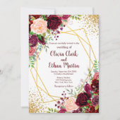 バーガンディフローラ金ゴールド幾何学 招待状 (正面)