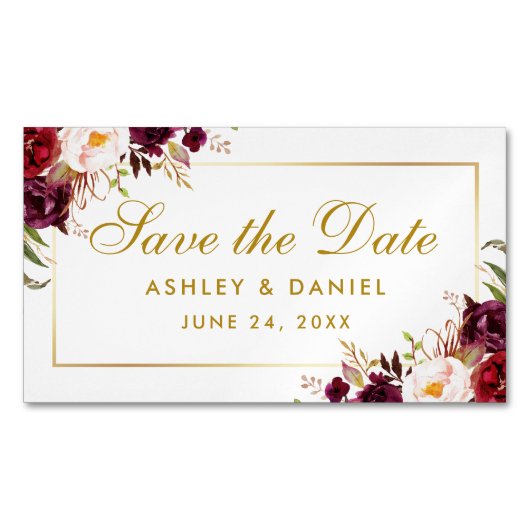 バーガンディフローラ金ゴールド日付ミニマグネットを保存 マグネット名刺 (正面)