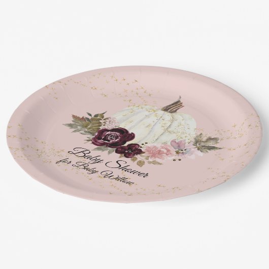 バーガンディフローラ金ゴールド赤面ベビーシャワーカボチャ ペーパープレート (アングル)