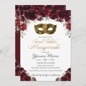 バーガンディフローラ金ゴールドSweet sixteen仮装マスク 招待状 (正面/裏面)