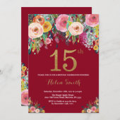 バーガンディフローラ15番目の誕生日招待状金ゴールド 招待状 (正面/裏面)