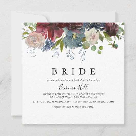 バーガンディフローラ&グリーンリーブライドブライダルシャワー 招待状 (正面)