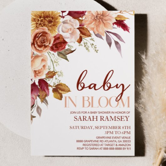 バーガンディブラウンフローラベビーイン開花ベビーシャワー 招待状