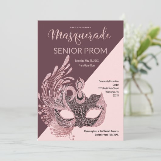 バーガンディブラックピンクグリッター仮装プロム 招待状 (スタンド正面)