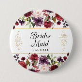 バーガンディブリスフローラブライデスメイドモノグラムのピン 缶バッジ (正面)