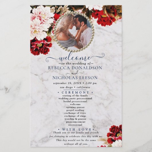 バーガンディブーケと大理石結婚式 プログラム (正面)