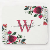 バーガンディホワイトウォーターカラーフローラモノグラムの名 マウスパッド (正面)