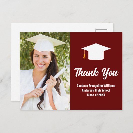 バーガンディホワイト 卒業写真 オーダーメイド サンクス ポストカード (正面/裏面)