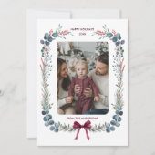 バーガンディボウ水彩ボタニカルクリスマスフォト シーズンカード (正面)