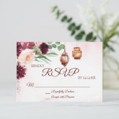 バーガンディボホランタンウォーターカラーフローラRSVPカード 出欠カード (スタンド正面)