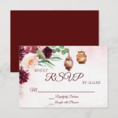 バーガンディボホランタンウォーターカラーフローラRSVPカード 出欠カード (正面/裏面)