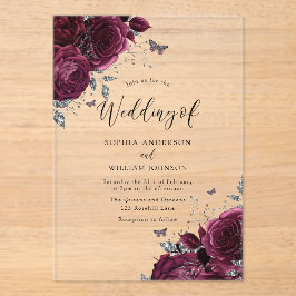 バーガンディマルーンバラと銀優雅な結婚式 アクリル招待状