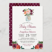 バーガンディメイソンジャーフローラ水玉模様ベビーシャワー 招待状 (正面/裏面)