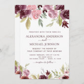 バーガンディモダンピンク水彩フローラ結婚ズ 招待状 (正面/裏面)