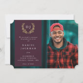 バーガンディモノグラムローレルリース卒業写真 案内状 (正面)