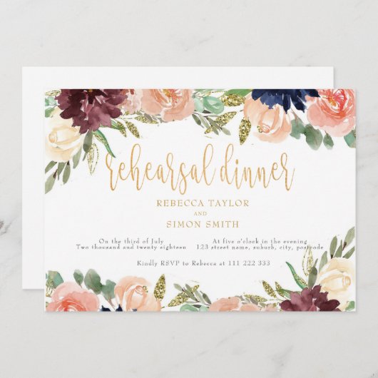 バーガンディリハーサルディナーフローラ風景 招待状 (正面/裏面)